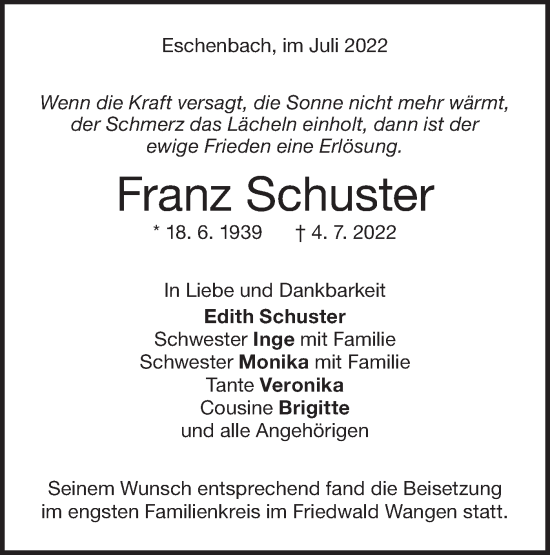 Traueranzeige von Franz Schuster von NWZ Neue Württembergische Zeitung