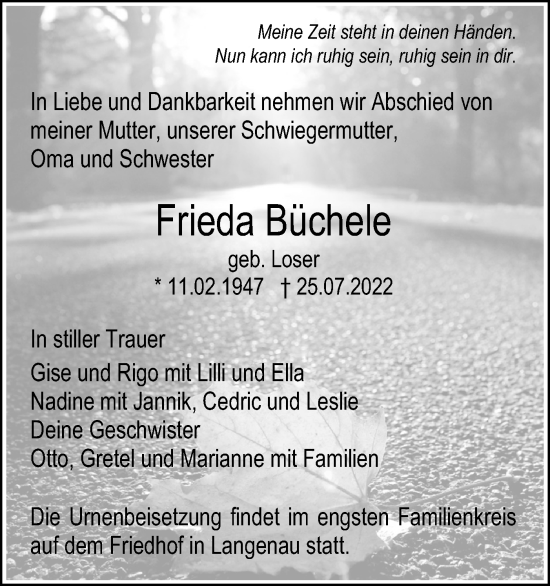 Traueranzeige von Frieda Büchele von SÜDWEST PRESSE Ausgabe Ulm/Neu-Ulm