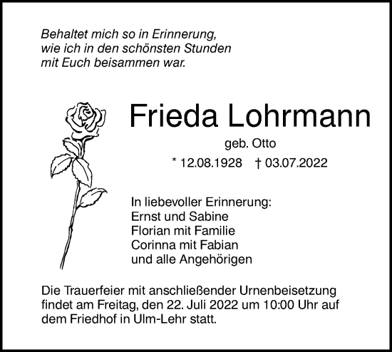 Traueranzeige von Frieda Lohrmann von SÜDWEST PRESSE Ausgabe Ulm/Neu-Ulm