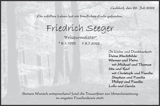 Traueranzeige von Friedrich Seeger von Rundschau Gaildorf