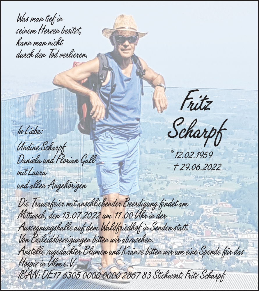  Traueranzeige für Fritz Scharpf vom 09.07.2022 aus SÜDWEST PRESSE Ausgabe Ulm/Neu-Ulm