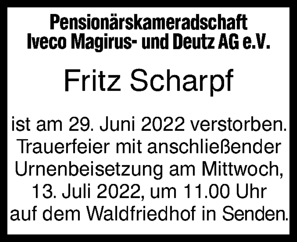  Traueranzeige für Fritz Scharpf vom 05.07.2022 aus SÜDWEST PRESSE Ausgabe Ulm/Neu-Ulm