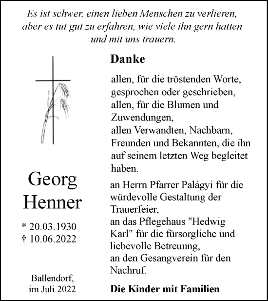 Traueranzeige von Georg Henner von SÜDWEST PRESSE Ausgabe Ulm/Neu-Ulm