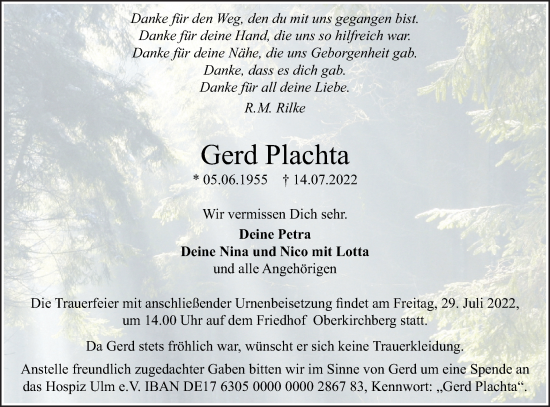 Traueranzeige von Gerd Plachta von SÜDWEST PRESSE Ausgabe Ulm/Neu-Ulm