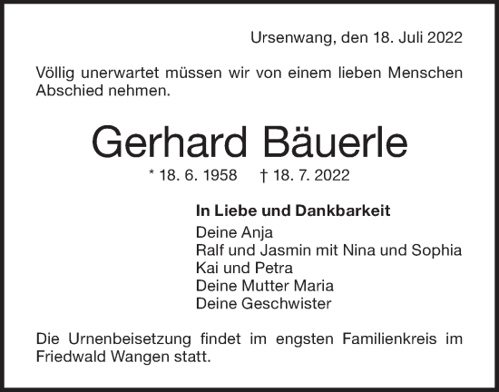 Traueranzeige von Gerhard Bäuerle von NWZ Neue Württembergische Zeitung