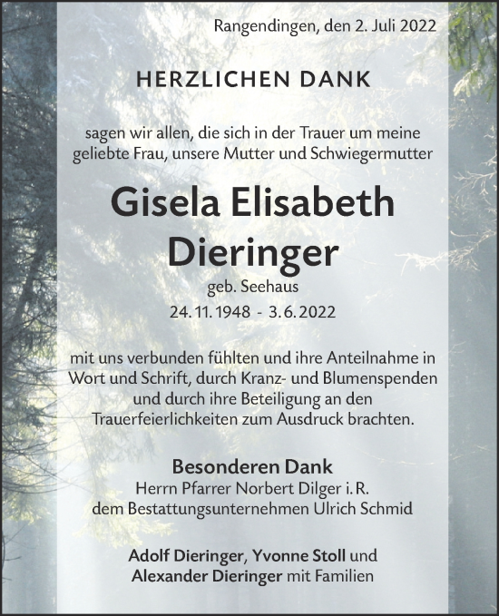 Traueranzeige von Gisela Elisabeth Dieringer von Metzinger-Uracher Volksblatt