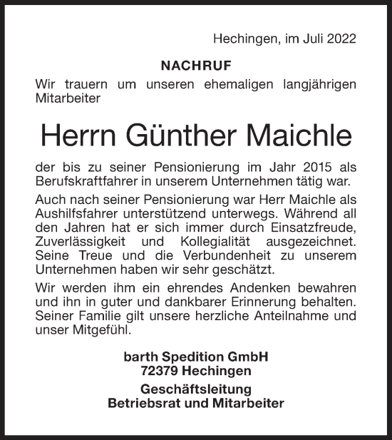 Traueranzeige von Günther Maichle von Metzinger-Uracher Volksblatt