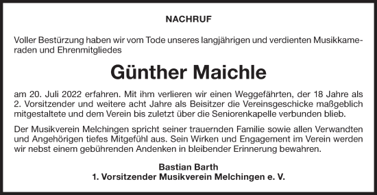 Traueranzeige von Günther Maichle von Metzinger-Uracher Volksblatt