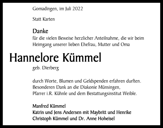 Traueranzeige von Hannelore Kümmel von Alb-Bote/Metzinger-Uracher Volksblatt