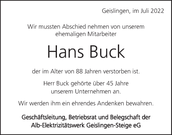 Traueranzeige von Hans Buck von Geislinger Zeitung