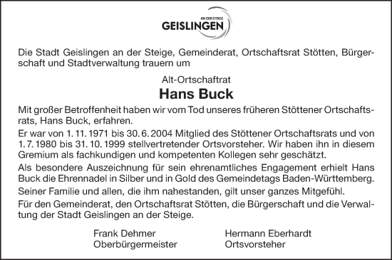 Traueranzeige von Hans Buck von Geislinger Zeitung