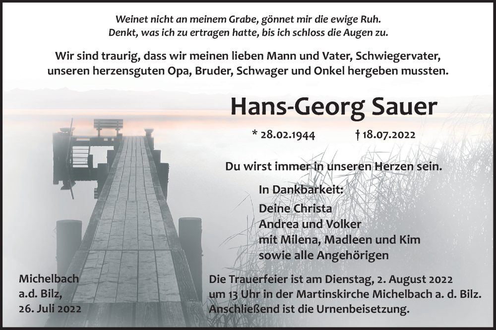  Traueranzeige für Hans-Georg Sauer vom 26.07.2022 aus Haller Tagblatt