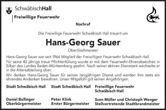 Traueranzeige von Hans-Georg Sauer von Haller Tagblatt