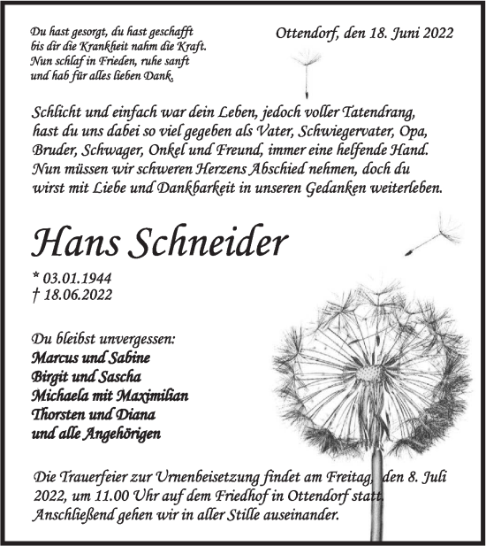 Traueranzeige von Hans Schneider von Haller Tagblatt