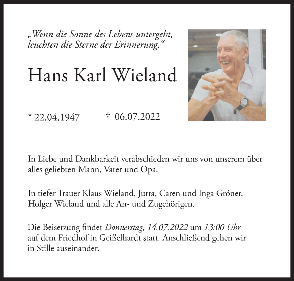  Traueranzeige für Hans Karl Wieland vom 12.07.2022 aus Haller Tagblatt