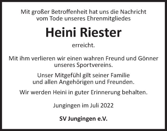 Traueranzeige von Heini Riester von Metzinger-Uracher Volksblatt