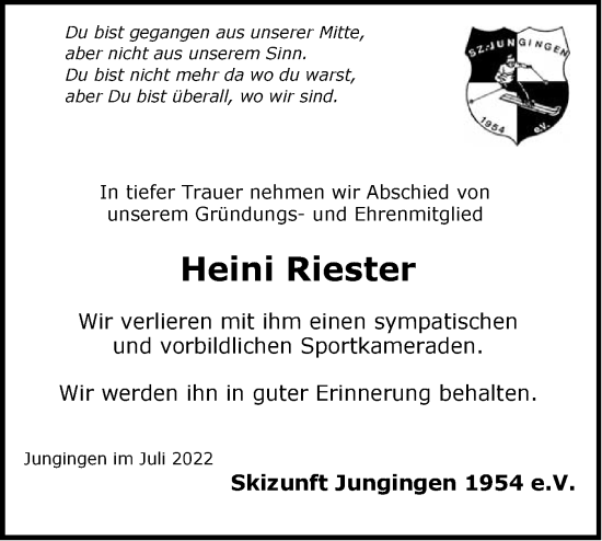 Traueranzeige von Heini Riester von Metzinger-Uracher Volksblatt