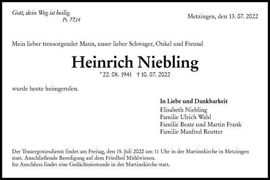 Traueranzeige von Heinrich Niebling von Metzinger-Uracher Volksblatt