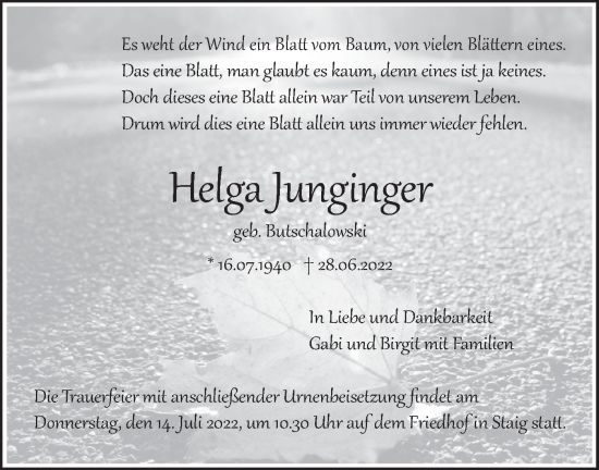 Traueranzeige von Helga Junginger von SÜDWEST PRESSE Ausgabe Ulm/Neu-Ulm