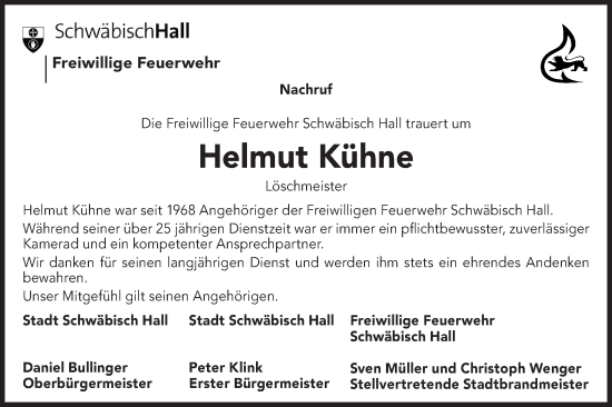 Traueranzeige von Helmut Kühne von Haller Tagblatt