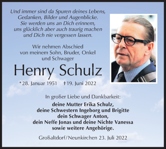 Traueranzeige von Henry Schulz von Rundschau Gaildorf