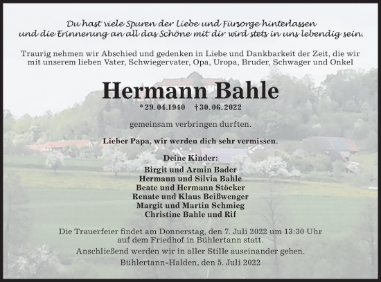 Traueranzeige von Hermann Bahle von Haller Tagblatt