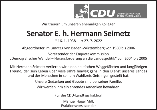 Traueranzeige von Hermann Seimetz von NWZ Neue Württembergische Zeitung/Geislinger Zeitung