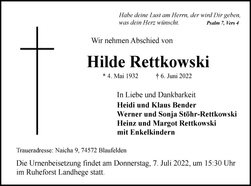  Traueranzeige für Hilde Rettkowski vom 05.07.2022 aus Hohenloher Tagblatt