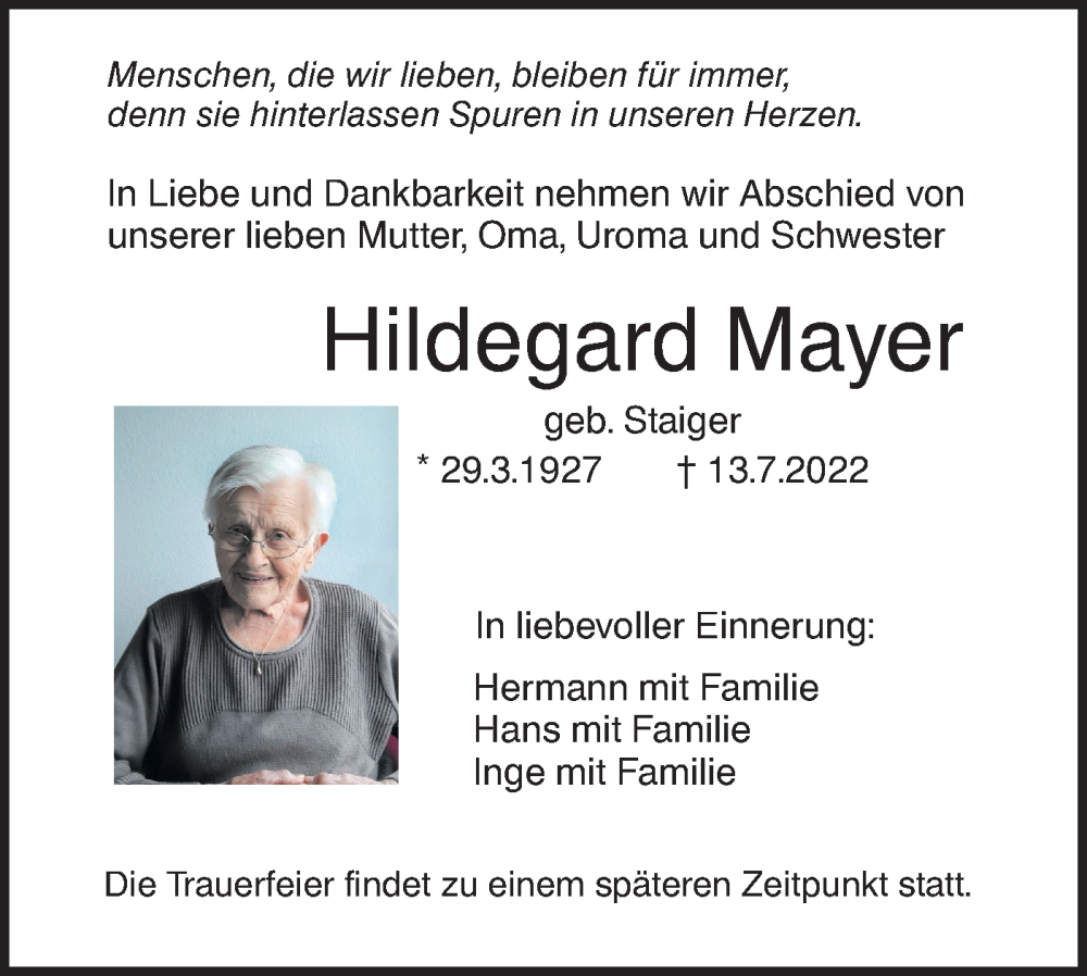  Traueranzeige für Hildegard Mayer vom 22.07.2022 aus SÜDWEST PRESSE Ausgabe Ulm/Neu-Ulm