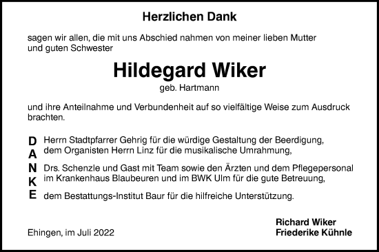 Traueranzeige von Hildegard Wiker von Ehinger Tagblatt