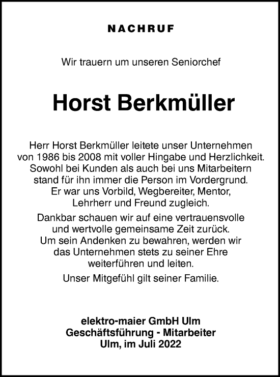 Traueranzeige von Horst Berkmüller von SÜDWEST PRESSE Ausgabe Ulm/Neu-Ulm