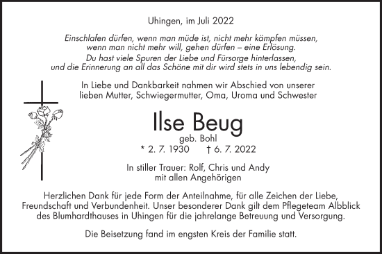 Traueranzeige von Ilse Beug von NWZ Neue Württembergische Zeitung