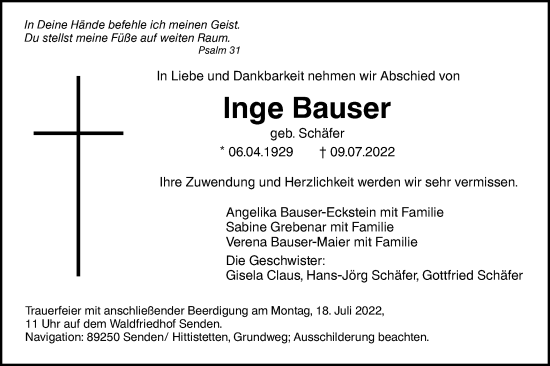 Traueranzeige von Inge Bauser von SÜDWEST PRESSE Ausgabe Ulm/Neu-Ulm