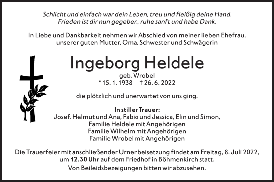 Traueranzeige von Ingeborg Heldele von NWZ Neue Württembergische Zeitung/Geislinger Zeitung