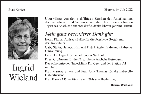 Traueranzeige von Ingrid Wieland von Haller Tagblatt