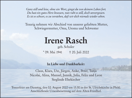 Traueranzeige von Irene Rasch von SÜDWEST PRESSE Ausgabe Ulm/Neu-Ulm