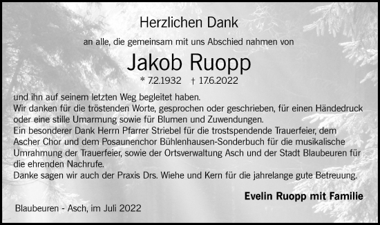 Traueranzeige von Jakob Ruopp von SÜDWEST PRESSE Ausgabe Ulm/Neu-Ulm