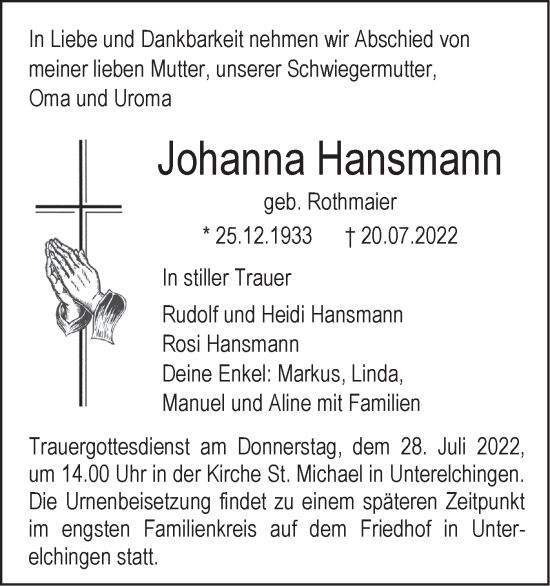 Traueranzeige von Johanna Hansmann von SÜDWEST PRESSE Ausgabe Ulm/Neu-Ulm