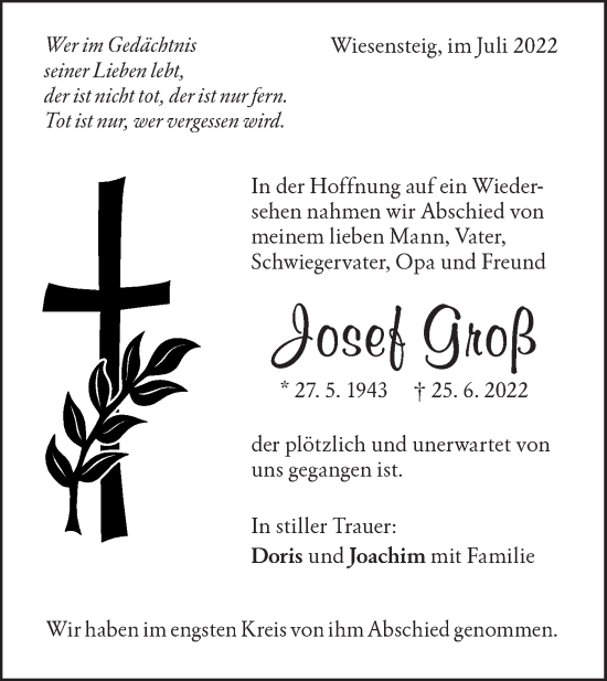 Traueranzeige von Josef Groß von Geislinger Zeitung