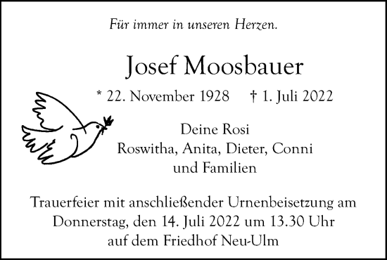 Traueranzeige von Josef Moosbauer von SÜDWEST PRESSE Ausgabe Ulm/Neu-Ulm