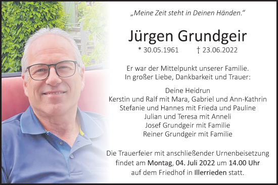 Traueranzeige von Jürgen Grundgeir von SÜDWEST PRESSE Ausgabe Ulm/Neu-Ulm