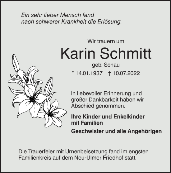 Traueranzeige von Karin Schmitt von SÜDWEST PRESSE Ausgabe Ulm/Neu-Ulm