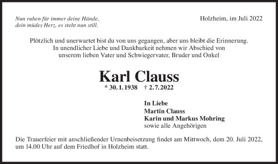 Traueranzeige von Karl Clauss von NWZ Neue Württembergische Zeitung