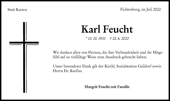 Traueranzeige von Karl Feucht von Rundschau Gaildorf