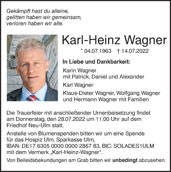 Traueranzeige von Karl-Heinz Wagner von SÜDWEST PRESSE Ausgabe Ulm/Neu-Ulm