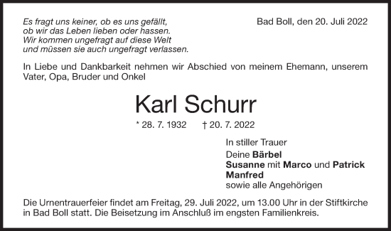 Traueranzeige von Karl Schurr von NWZ Neue Württembergische Zeitung