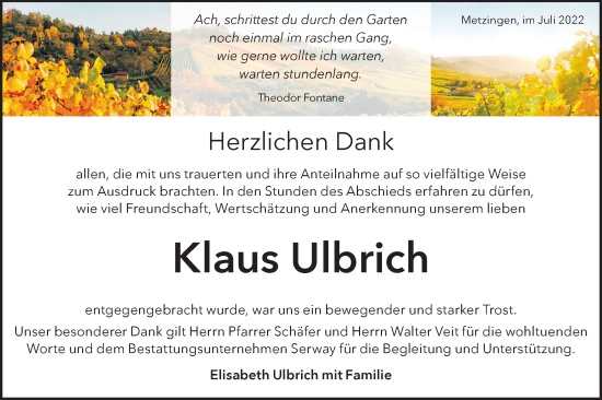 Traueranzeige von Klaus Ulbrich von Metzinger-Uracher Volksblatt