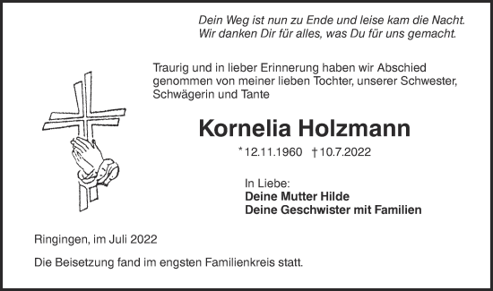 Traueranzeige von Kornelia Holzmann von Ehinger Tagblatt