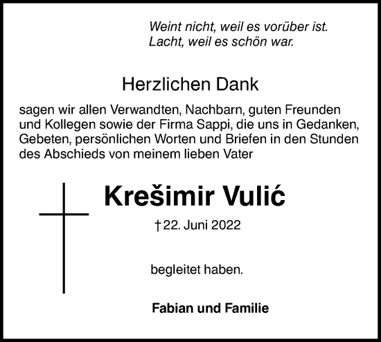 Traueranzeige von Krešimir Vulic von Ehinger Tagblatt