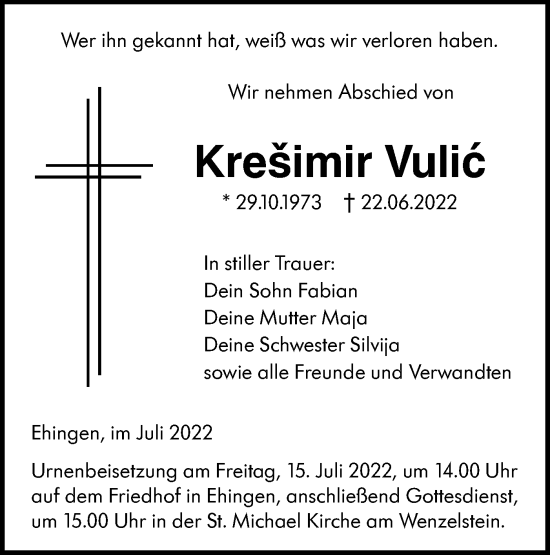 Traueranzeige von Krešimir Vulic von Ehinger Tagblatt